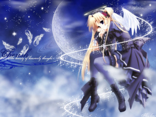Anime girl sword flying moon - her hand and a moon in the background free wallpaper