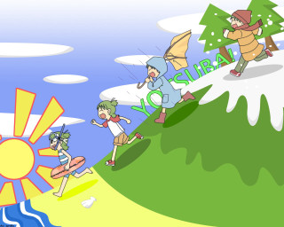 Cartoon group running hill sun - ski free wallpaper