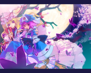 Anime girls fullmoon butterflies cherryblossoms - butterfly free wallpaper