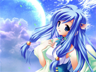 Blue haired anime girl fullmoon - blue hair free wallpaper