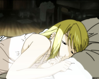 Woman green hair lying bed - a green hair free wallpaper
