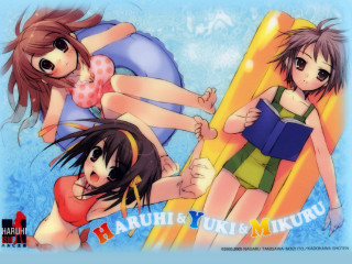 Anime girls surfboard bikini reading - visual art free wallpaper