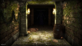 Creepy hallway barrel light figure - dark fantasy art free wallpaper