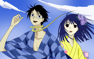 Man woman kimono sky clouds - a sky background behind them free wallpaper