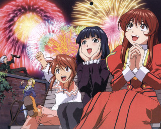 Fireworks girls bench reddress night - a red dress free wallpaper