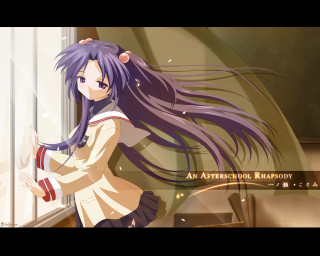 Purple haired girl classroom wind - a book in her hand and a book in her other hand free wallpaper
