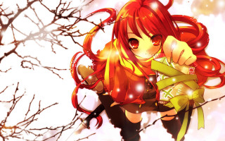 Redhair girl greenshirt knife cherryblossoms - a knife free wallpaper