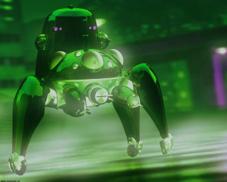 Green robot street night retrofuturism - a building in the background free wallpaper