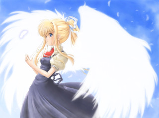 Blonde girl blue dress angel - white wing free wallpaper