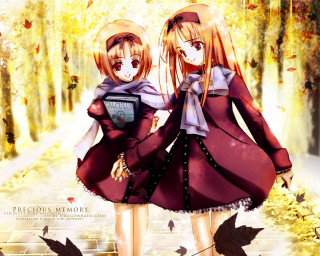 Anime girls woods autumn leaves - a path free wallpaper