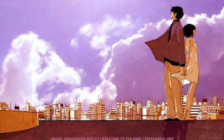 Roof couple city skyline anime - analytical art free wallpaper