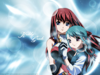 Anime girls hug blue bubbles - holography free wallpaper