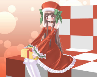 Woman red dress present checkered - present free wallpaper