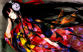 Woman headphones red kimono floral - headphone free wallpaper