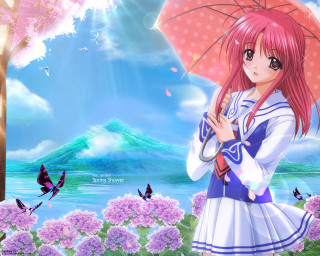Pink hair girl umbrella flower 3 - an umbrella in front free wallpaper