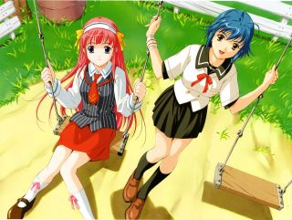 Anime girls sitting swings park - together free wallpaper