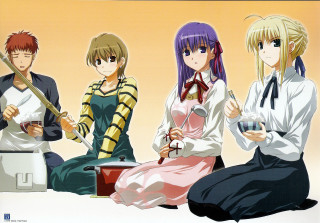 Anime characters sitting drinks swords - a group of anime characters sitting next free wallpaper