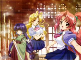 Three anime girls room cat - a window behind them free wallpaper