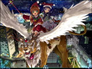 Girl deer city night snow - magical free wallpaper for desktop