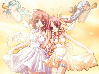 Anime girls angel wings beach - a yellow sky free wallpaper