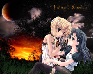 Anime girls fullmoon fireworks night - full free wallpaper