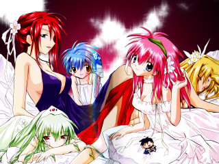 Three anime girls blowing hair 2 - a bed together free wallpaper
