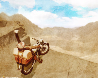 Mountain motorcycle man raising arms - a painting of a man free wallpaper