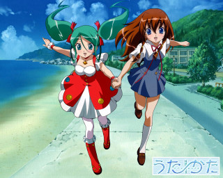 Anime girls beach ocean sky - promotional image free wallpaper