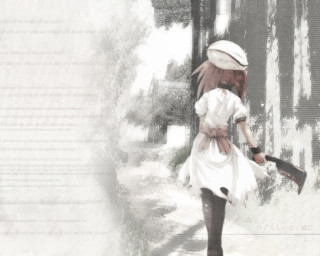 Woman umbrella hat white dress - a street holding free wallpaper