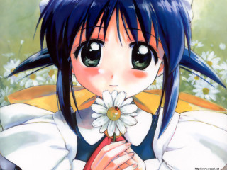 Blue haired girl flower smiling - a manga drawing free wallpaper for desktop
