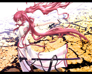 Red haired woman sword fiery 2 - flowing hair free wallpaper