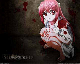 Pink hair blood splatters squatting - her knee free wallpaper