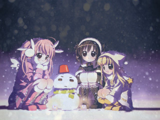Anime girls snowman night star - a group of anime girls free wallpaper