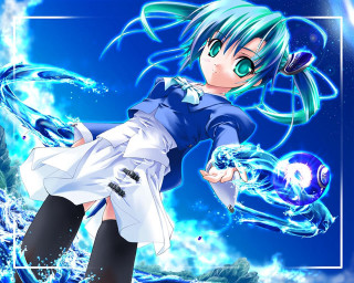 Anime bluehair greeneeyes magic night - a white frame free wallpaper