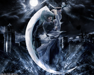 Woman sword crescent city fullmoon - a city in the background free wallpaper