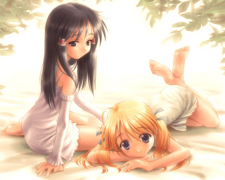 Anime girls sand beach bamboo - their back free wallpaper