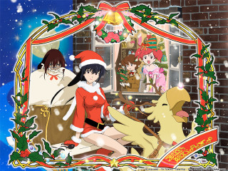 Anime girls christmas bench dog - a bench in front free wallpaper