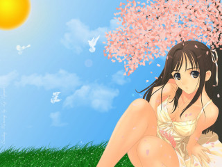 Girl pinkflowers tree blue sky - under free wallpaper for desktop