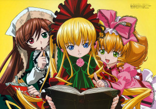 Anime girls reading yellow background - a book together free wallpaper