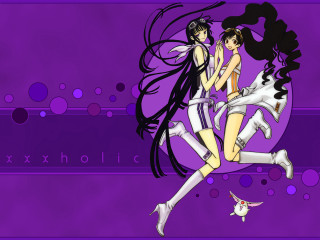 Anime girls running cat dog - their back free wallpaper