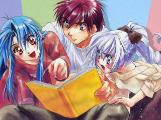 Colorful rainbow anime characters reading - a book together free wallpaper