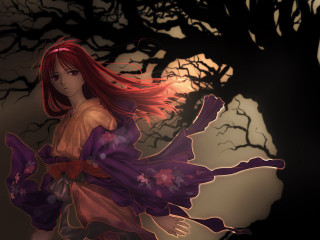 Red haired woman kimono forest - long red hair free wallpaper