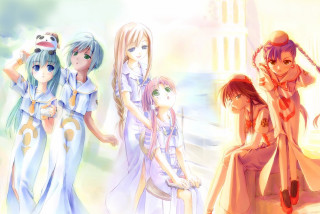 Anime girls clocktower group uniform - a clock tower in the background free wallpaper