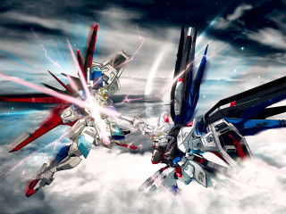 Robots fighting clouds lightnings mecha - the cloud free wallpaper