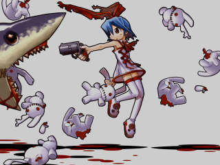 Cartoon girl shark blood gun - pop surrealism free wallpaper