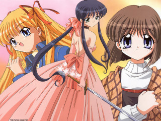 Three anime girls swords long - a sword free wallpaper