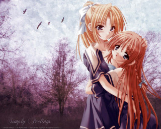 Anime girls hug moon bats - overhead in the background free wallpaper