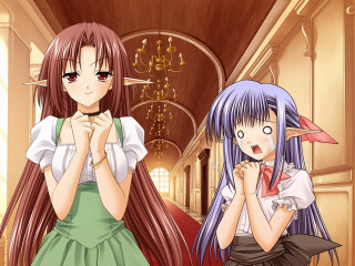 Two anime girls hallway green - long hair and bows free wallpaper