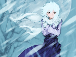 White hair blue dress full - a snowy background free wallpaper