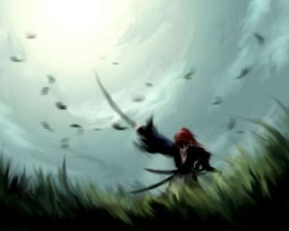 Redhair woman field birds sun - a black outfit free wallpaper for desktop